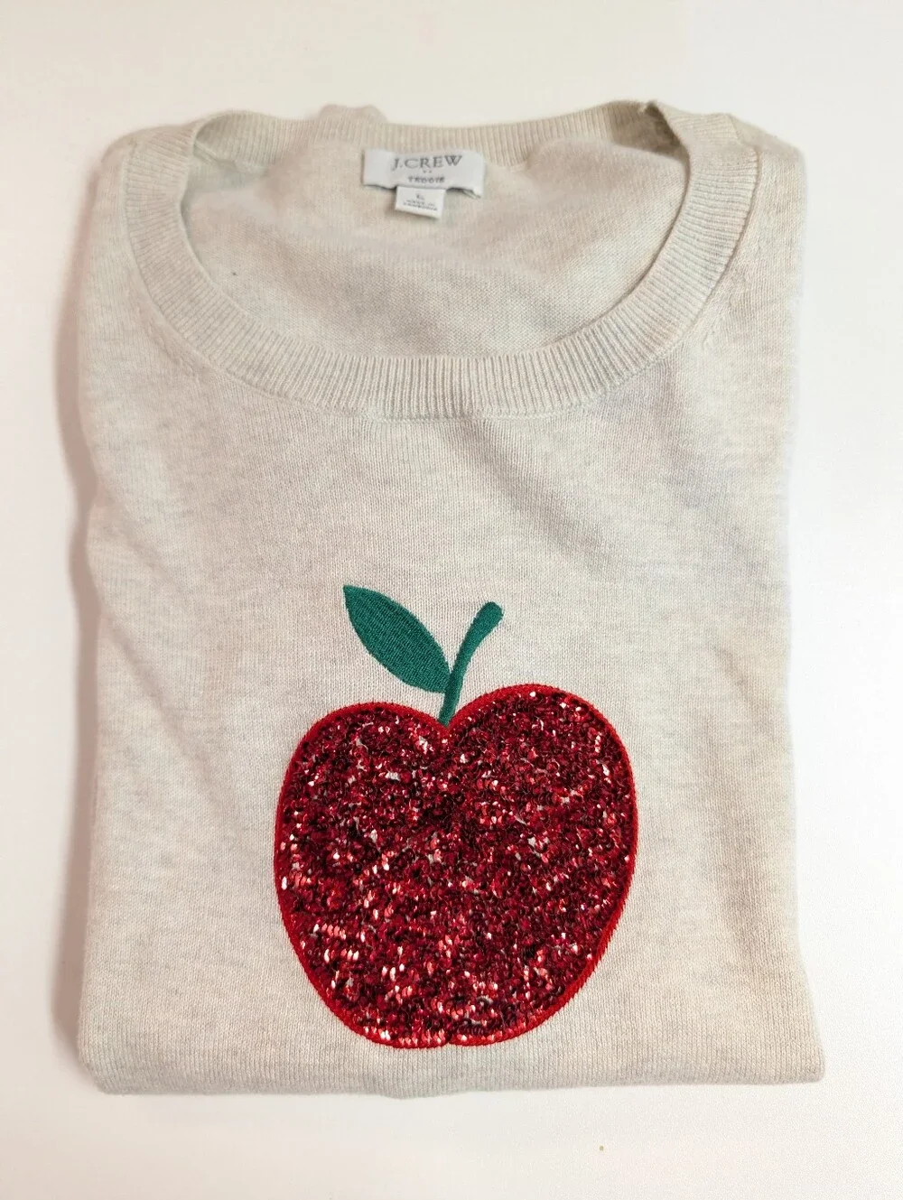 J. Crew Teddie Cotton Crewneck Sweater Red Sequin Apple Size Large EUC